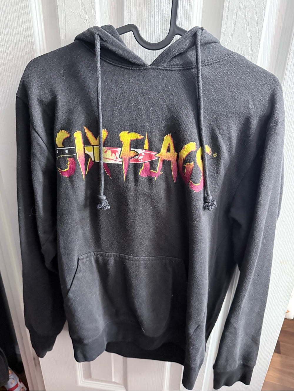 Black Graphic Hoodie Sweatshirt with Yellow-Red Logo